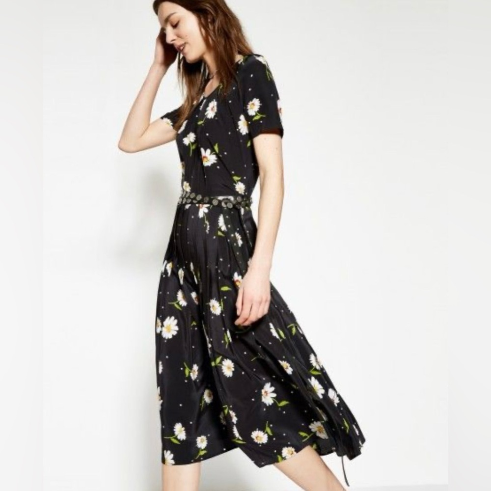 The Kooples Floral Black Daisy Print Silk Short Sleeve Pleated Midi Dress Sz 2
